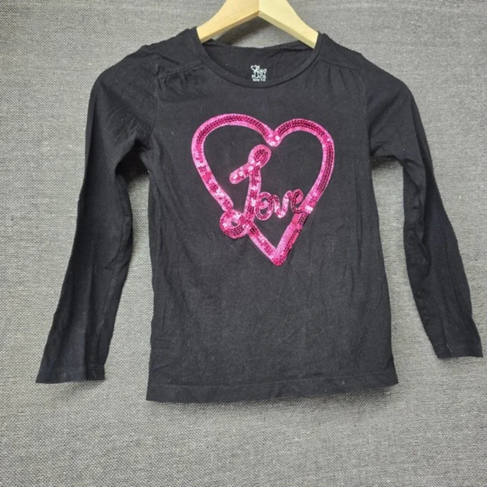 The Children Place Girls Black Pink Sequin Heart Love Long Sleeve Shirt Size 7/8